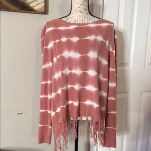 Pink and White Tie-Dye Fringe Sweater